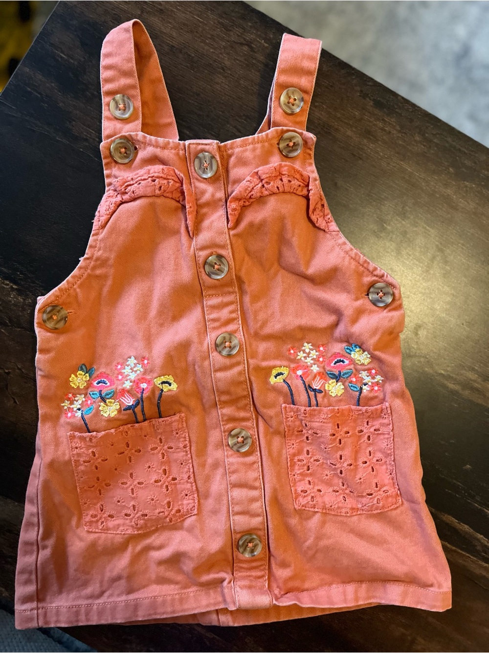 Girls 2T Coral Pink Embroidered Floral Pocket Overalls Dress